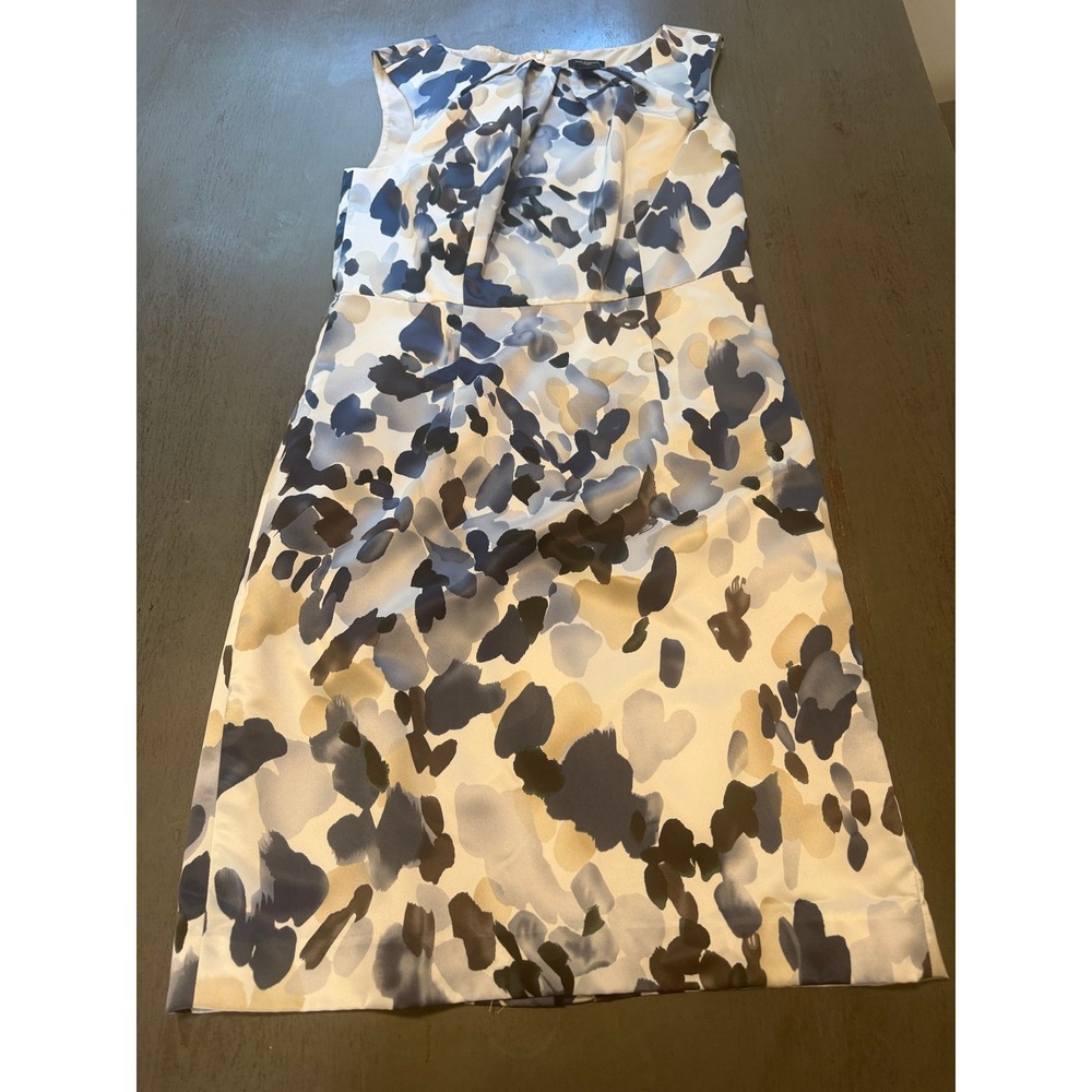 Ann Taylor Blue Abstract Floral Sheath Dress Pleated Neckline Size 6 ID 70107